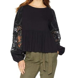 Women’s Free People Black Embroidered Penny Peplum Top Size L
